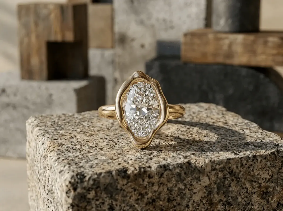 Овальное обручальное кольцо с бриллиантом крупным планом